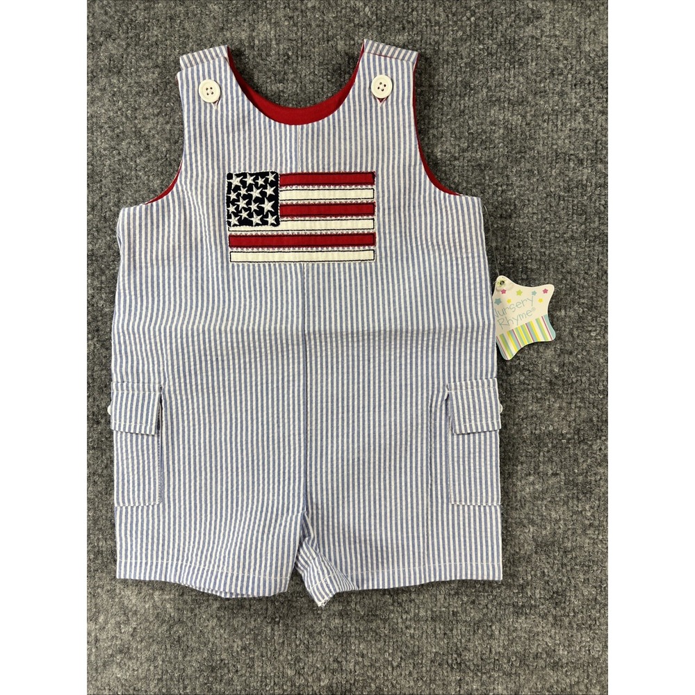 NWT Nursery Rhyme by Belk Baby Boy Patriotic Seersucker Flag Shortall 9/12M